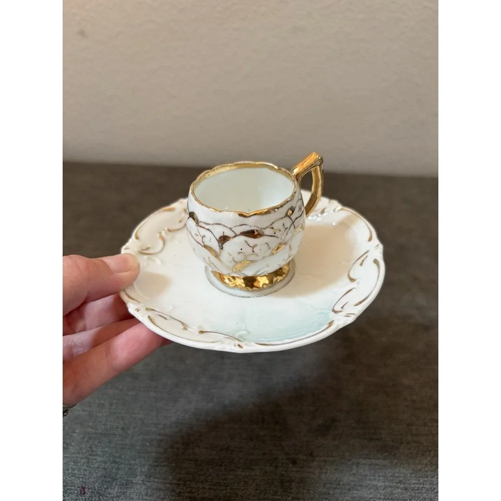 Demitasse Cup & Saucer High Handle Gold On Fine White Porcelain Vintage FLAW